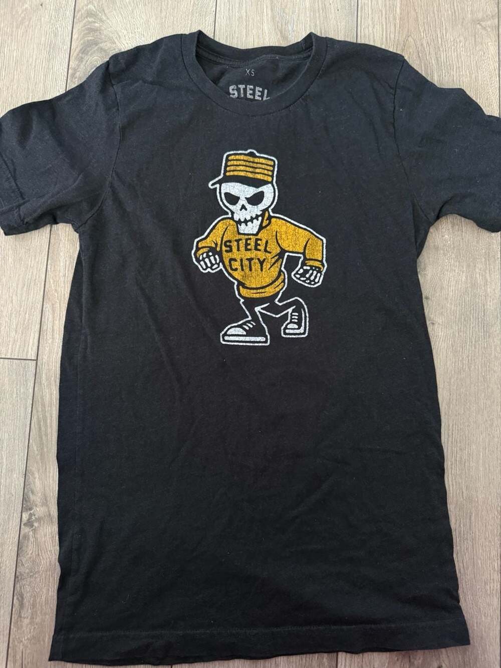 Steel City Skeleton Skateboard Graphic T-Shirt Black XS